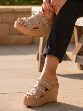 Studded Strap Nude Wedge Sandals For Women - Stylish Slip-On Platform Design Wit